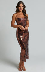 Dorice Midi Dress - Strappy Straight Neck Square Sequin Dress in Chocolate