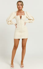Desiree Mini Dress - Long Sleeve Zip Front Dress in Natural