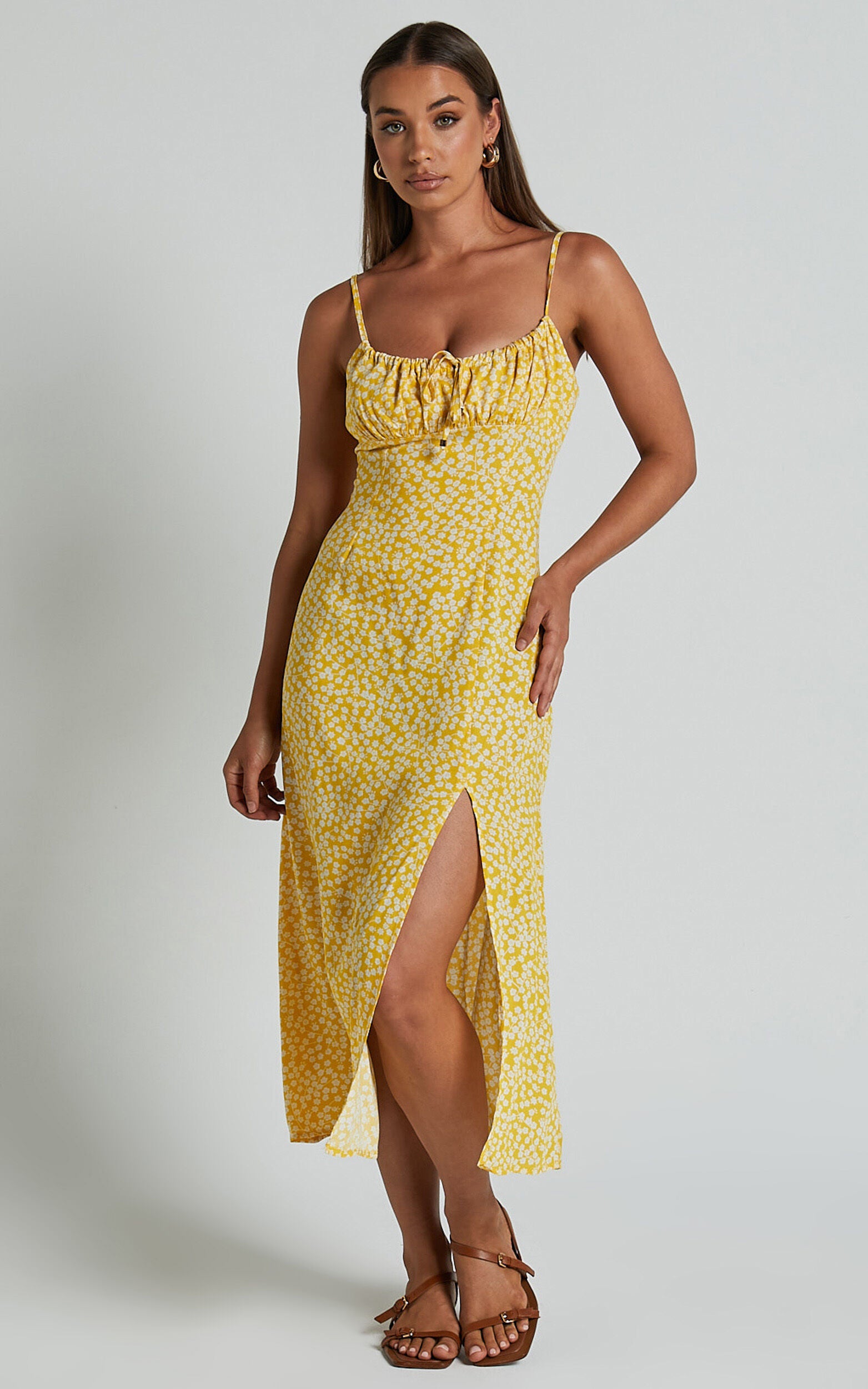 Willa Midi Dress - Ruched Bust Thigh Split Dress in Yellow Floral