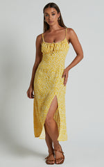 Willa Midi Dress - Ruched Bust Thigh Split Dress in Yellow Floral