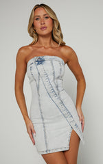 Erline Mini Dress - Asymmetric Strapless Denim Dress in Acid Blue Wash