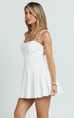 Nicolette Mini Dress - Square Neck Strappy Tie Shoulder Drop Waist Pleated Skirt Dress in Off White
