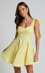 Clyde Mini Dress - Sweetheart Tie Strap Broderie Anglaise Dress in Lemon