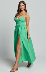 Haydie Maxi Dress - V Neck Thigh Split Dress in Green