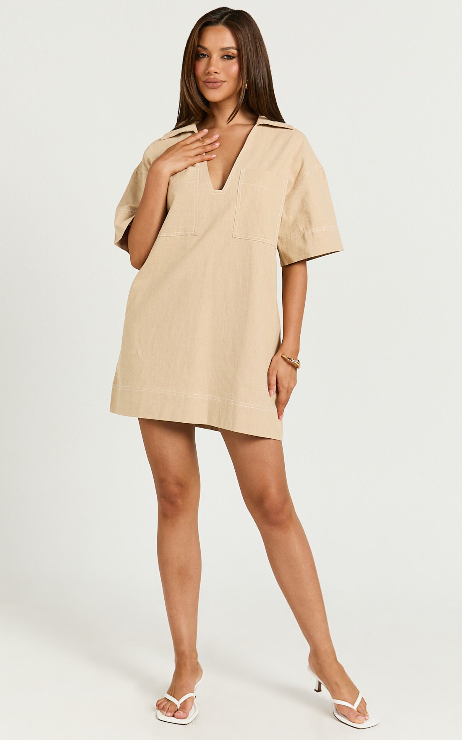Sanvi Mini Dress - Linen Collared Pocket Shift Dress in Beige