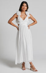 Marielly Midi Dress - Side Cut Out V Neck Ruffle Detail Sleeve Dress in White