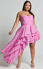 Amalie The Label - Everly Strapless Asymmetrical Tiered Mini Dress in Pink