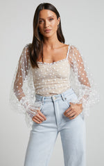 Venetia Bodysuit - Long Sleeve Spot Mesh Bodysuit in White Spot