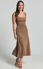 Jacel Midi Dress - Ruched Fit And Flare Dress in Mocha