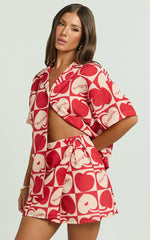 Vangie Mini Skirt - Linen Look A Line Skirt in Red/Pink