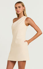 Mardelle Mini Dress - Linen One Shoulder Shift Dress in Neutral