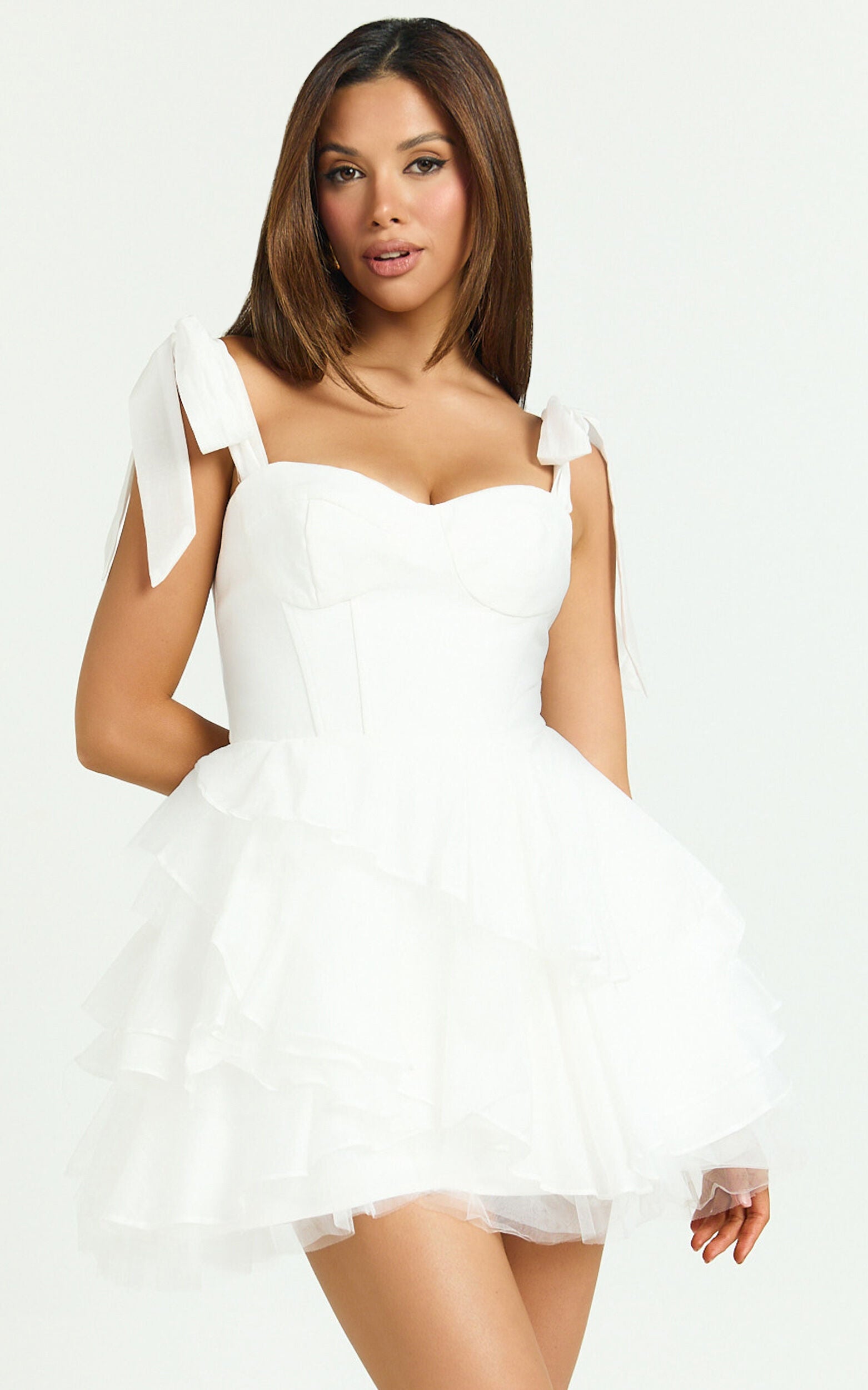Arianne Mini Dress - Corset Bodice Ruffle Tier Dress in Cream