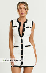 Branson Mini Dress - Sleeveless Button Down Knitted Dress in Cream with Black contrast