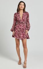 Eleanor Mini Dress - Plunge Twist Front Jacquard Dress in Wine Floral