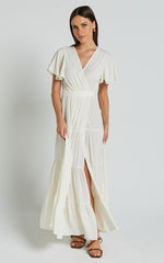 Geneva Midi Dress - Short Flutter Sleeve Wrap Dress in Off White