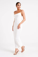 Cowl Midi Dress With Pearl Trim - White