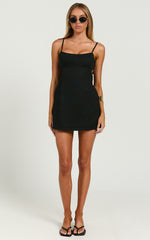 Lillith Mini Linen Dress - Scoop Neck Tie Back Dress in Black