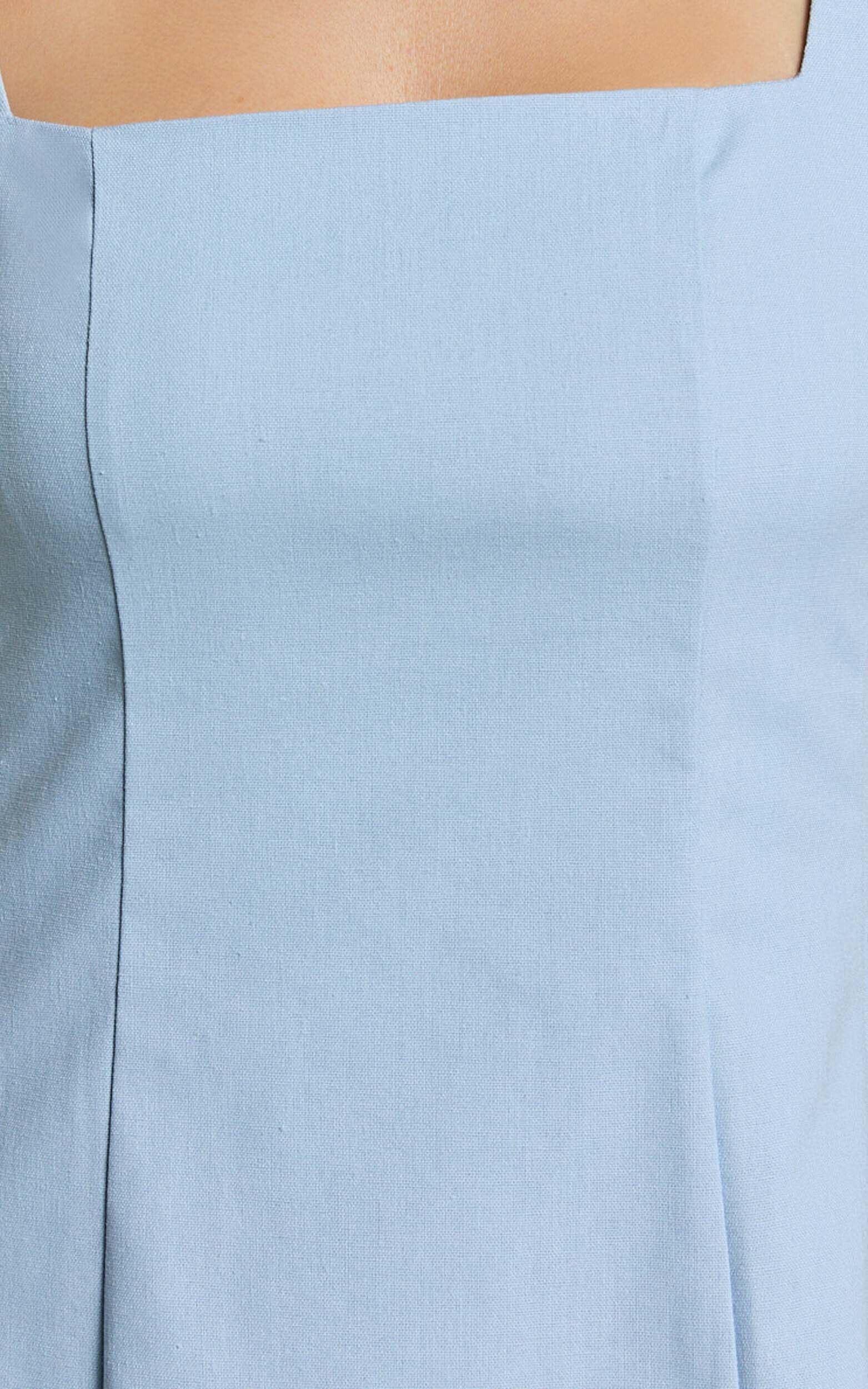 Adiana Mini Dress - Linen Square Neck Shirred Back A Line Dress in Pale Blue