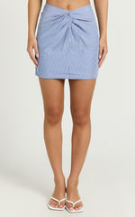 Sandra Mini Skirt - Twist Front Stripe Mini Skirt in Mid Blue Stripe