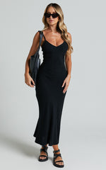 Delaina Midi Dress - Linen Look Strappy V Neck Bias Cut Slip in Black