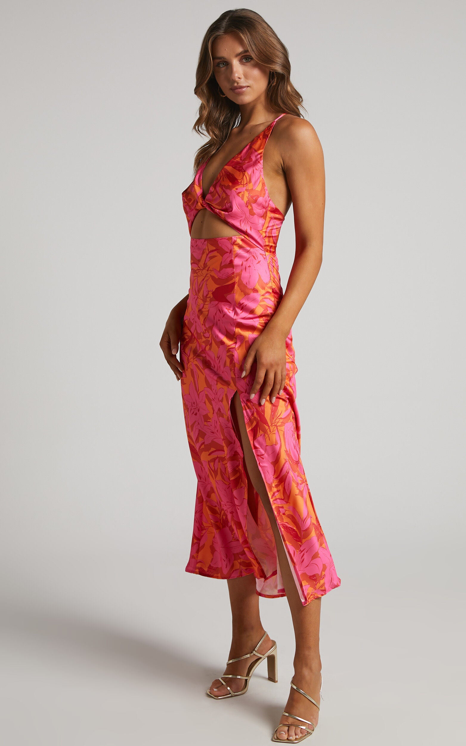 Tove Midi Dress - Twist Front Cut Out Satin Dress in Pink Floral