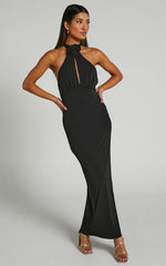 Claret Midi Dress- rosette halter Midi dress in Black