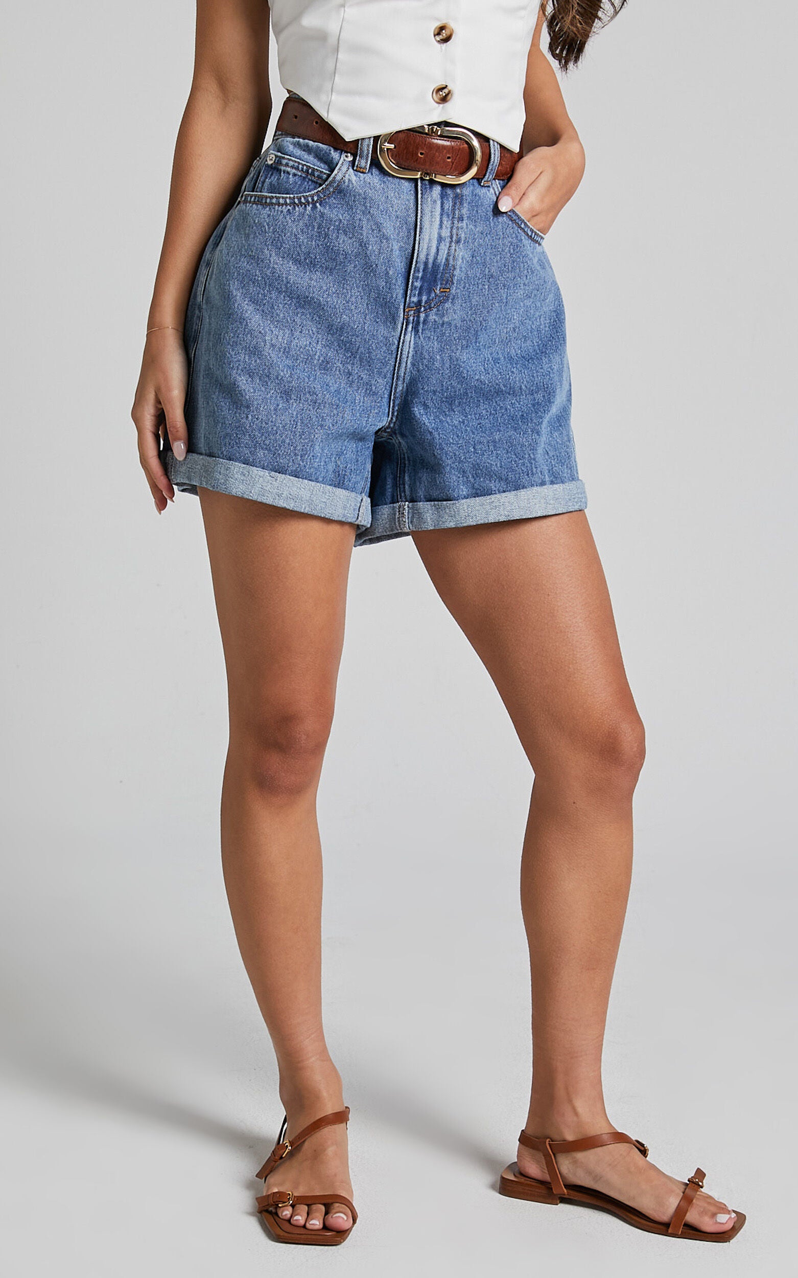 Cristiana Shorts - High Waisted Cuffed Denim in Blue
