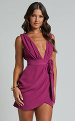 Astrea Mini Dress - Plunge Tie Waist Drape Dress in Berry