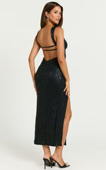 Arizza Midi Dress - Open Back Sequin Knit Dress in Black