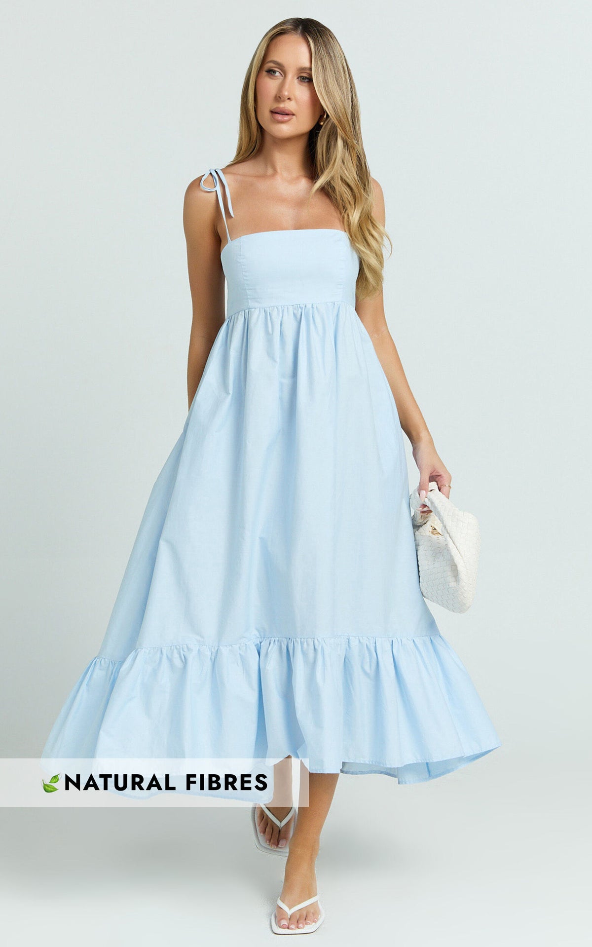Aveiro Midi Dress - Straight Neck Shoulder Tie High Low Ruffle Hem in Soft Blue