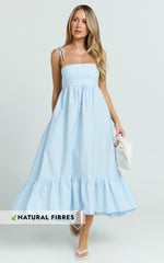 Aveiro Midi Dress - Straight Neck Shoulder Tie High Low Ruffle Hem in Soft Blue