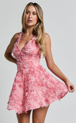 Alexandria Mini Dress - V Neck Gathered Bust A Line Dress in Pink