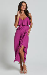 Pearline Midi Dress - Linen Frill Detail Thigh Split Slip Dress in Grape
