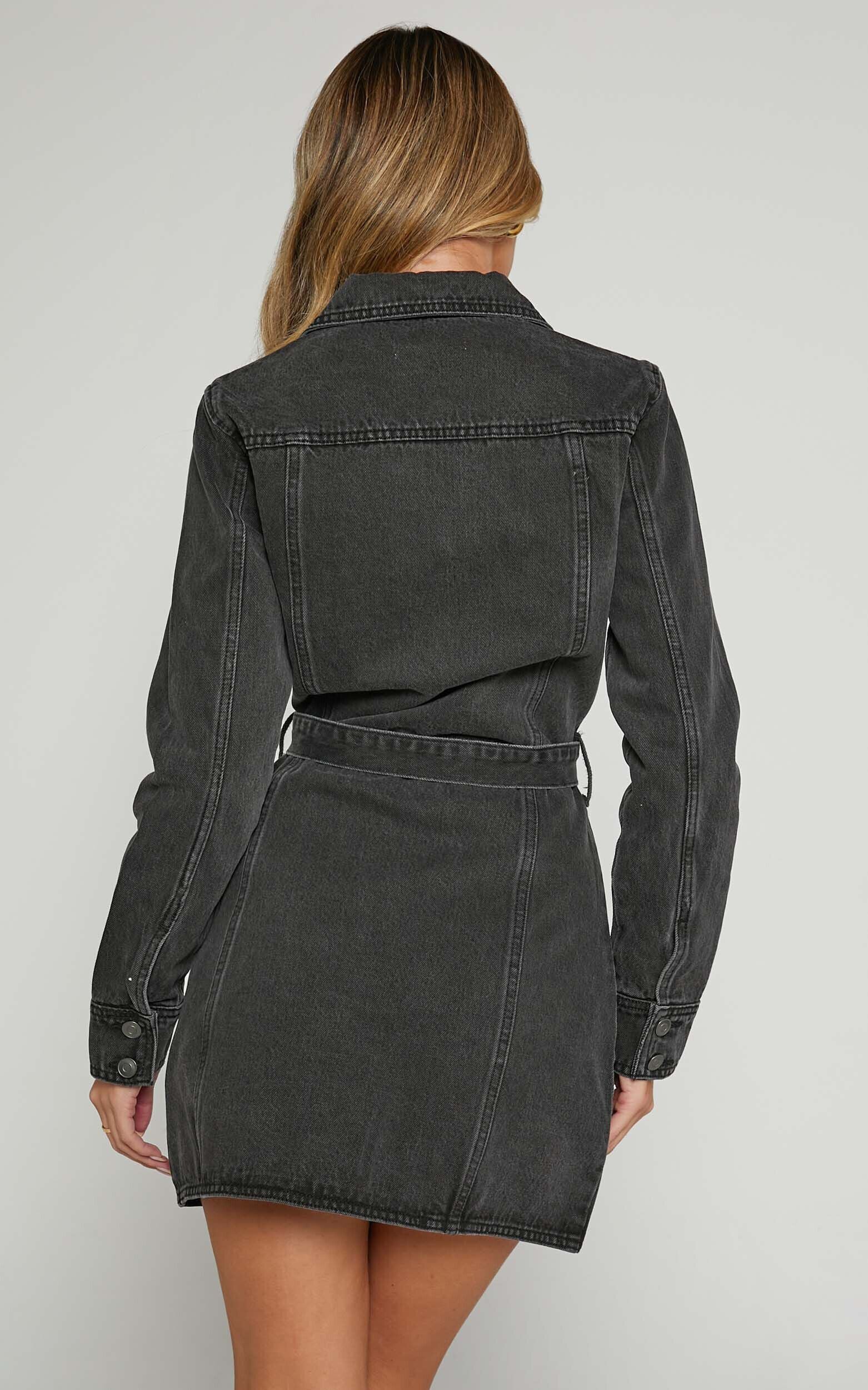 Enriquetta Mini Dress - Cotton Denim Long Sleeve Button Up Dress in Washed Black