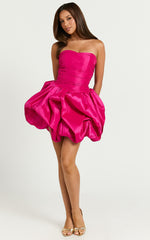 Deb Mini Dress - Ruched Strapless Bubble Hem Dress in Hot Pink