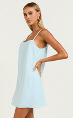 Mavie Mini Linen Dress - Linen Strappy Shift Dress in Soft Blue