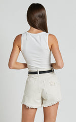 Mindae Shorts - Recycled Cotton Ripped Denim Shorts in Ecru