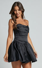 Edina Mini Dress - Strapless Drop Waist Puff Ball Dress in Black