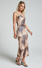 Aimee Midi Dress- Mesh one shoulder ruched dress in Brown
