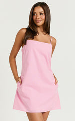 Mavie Mini Linen Dress - Linen Strappy Shift Dress in Pink Gingham