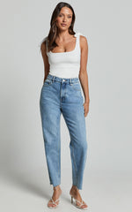 Imelda Jeans - Mid Waist Frayed Hem Recycled Denim Crop Straight Leg Jeans in Mid Blue Wash