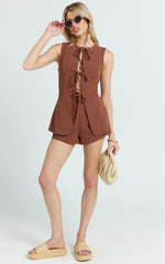 Keyla Two Piece Set - Tie Front Top and Mini Shorts in Chocolate