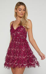 Khrizza Mini Dress - Sequin Gathered Dress in Wine