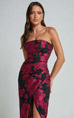 Brailey Midi Dress - Thigh Split Strapless Dress in BLACK/PINK