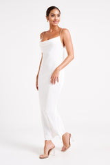 Adela Cowl Midi Dress With Pearl Trim - White