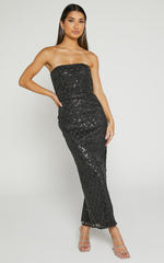 Izzy Midi Dress - Strapless Sequin Midi Dress in Black