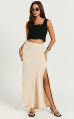 Olivia Midi Skirt - Mid Waisted Linen Bias Cut Split Skirt in Natural