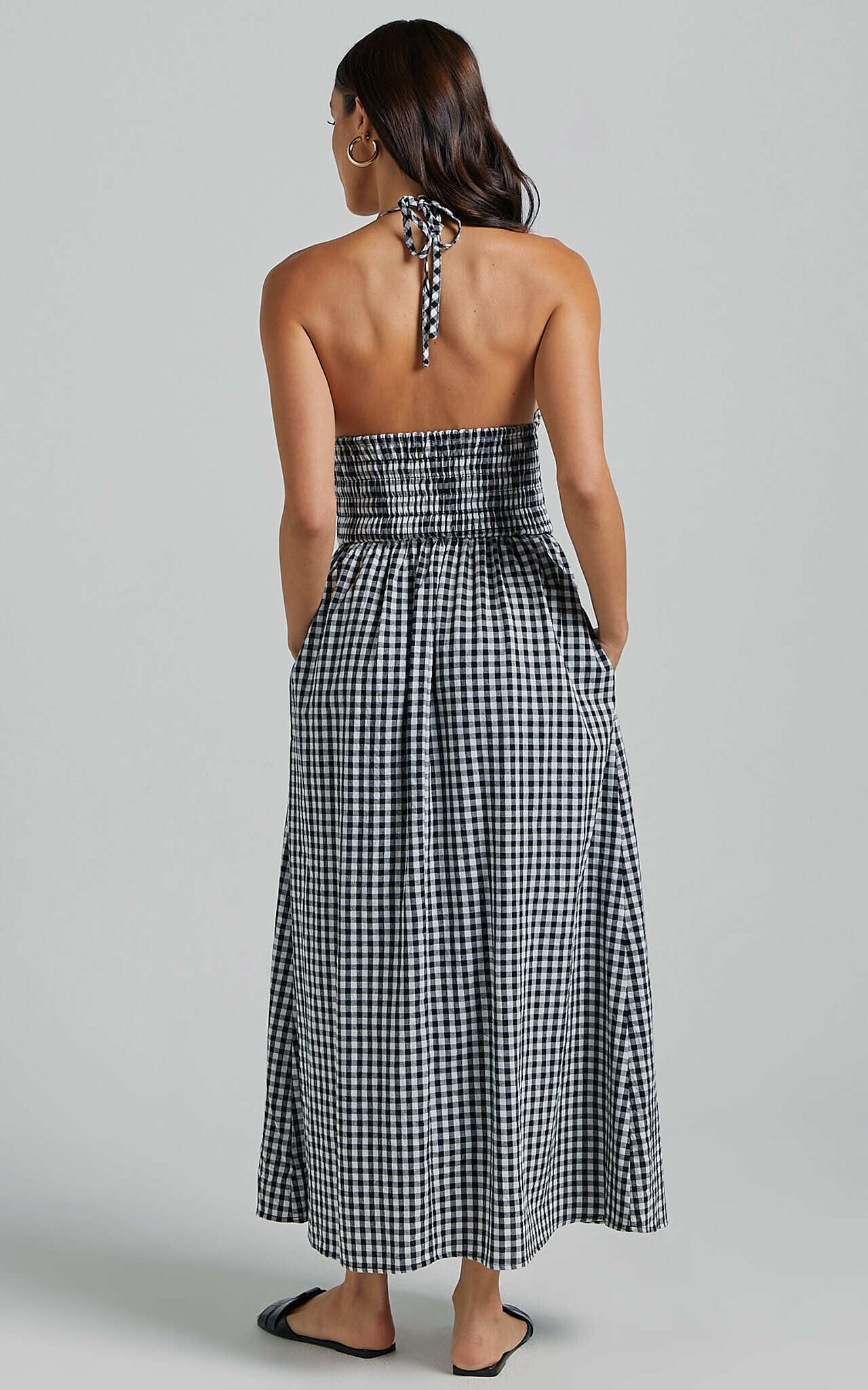 Aimie Midi Dress - Strappy Halter Neck Shirred Top in White Check