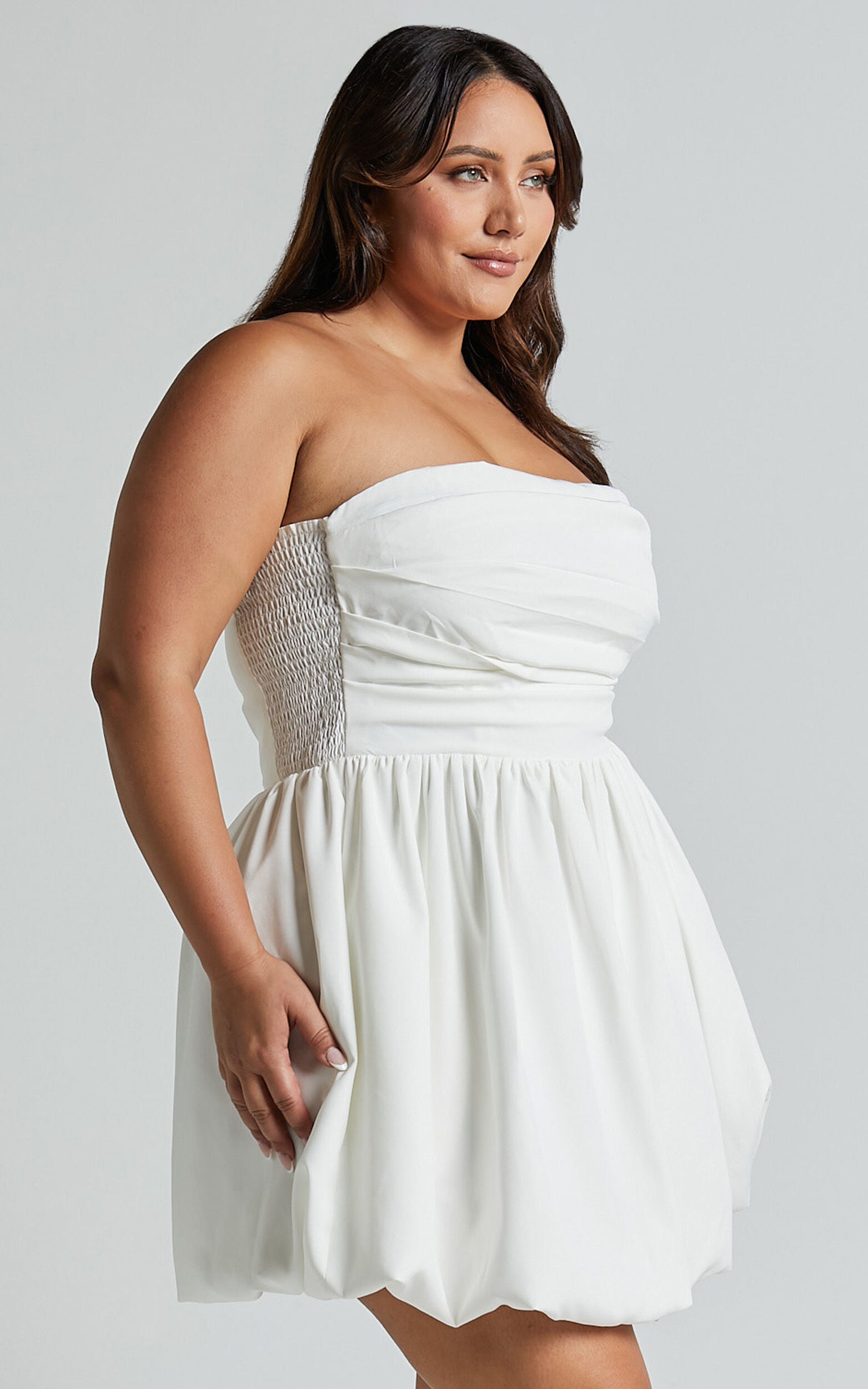 Shaima Mini Dress - Strapless Bubble Hem Dress in White
