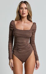 Casen Bodysuit - Long Sleeve Ruched Mesh Bodysuit in Chocolate